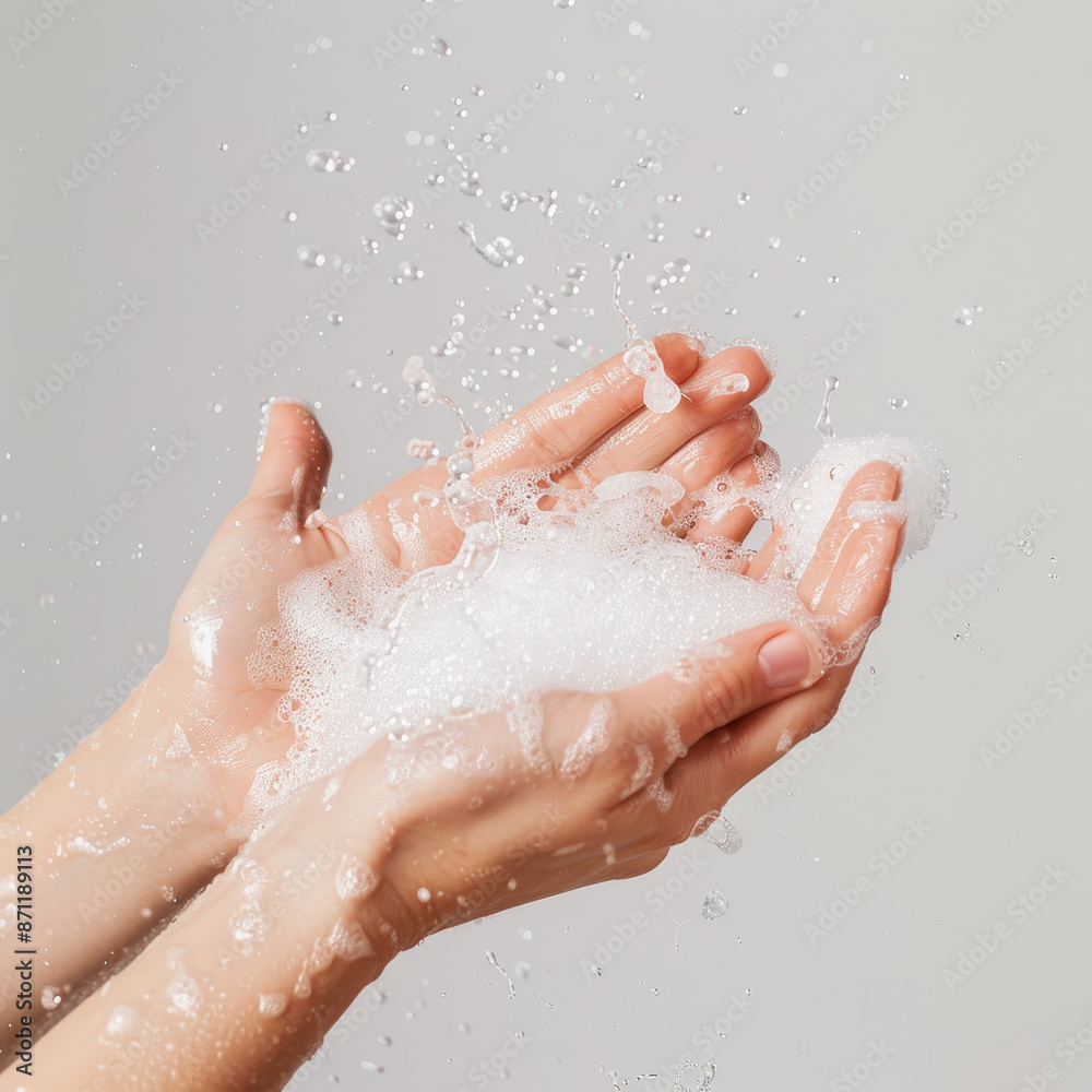 A professionally taken realistic photo showcasing hands with foam soap, ideal for advertising and marketing purposes. A professionally taken realistic photo showcasing hands with foam soap, ideal for advertising and marketing purposes.
