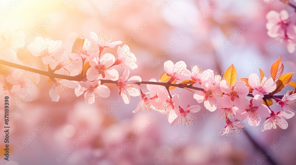 A close-up photograph of a branch adorned with cherry blossoms, drenched in warm sunlight, epitomizing the graceful and transient beauty of spring and nature's renewal. A close-up photograph of a branch adorned with cherry blossoms, drenched in warm sunlight, epitomizing the graceful and transient beauty of spring and nature's renewal.