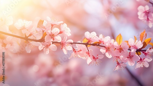A close-up photograph of a branch adorned with cherry blossoms, drenched in warm sunlight, epitomizing the graceful and transient beauty of spring and nature's renewal.