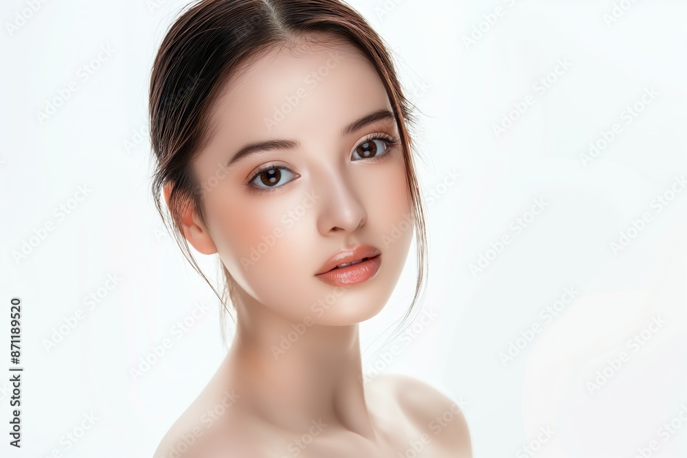 close up face portrait of young pretty Asian woman brown eyes with bright flawless clean clear skin, beauty cosmetic or skincare fashion portrait with copy space close up face portrait of young pretty Asian woman brown eyes with bright flawless clean clear skin, beauty cosmetic or skincare fashion portrait with copy space
