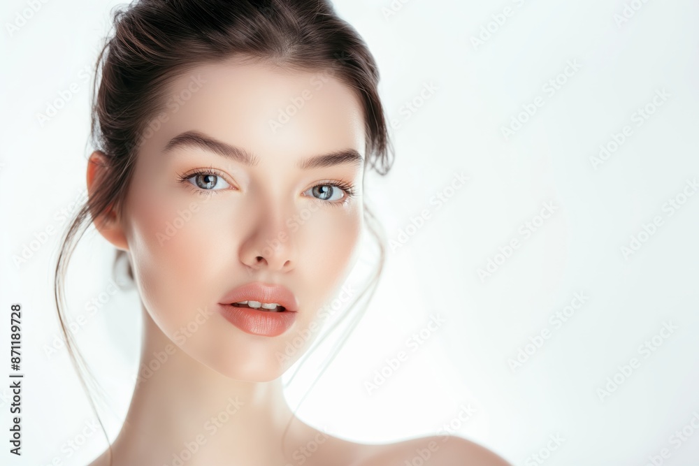 close up face portrait of young pretty woman hazel eyes with bright flawless clean clear skin, beauty cosmetic or skincare fashion portrait with copy space