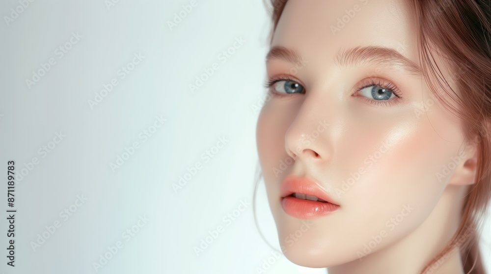 close up face portrait of young pretty woman blue eyes with bright flawless clean clear skin, beauty cosmetic or skincare fashion portrait with copy space close up face portrait of young pretty woman blue eyes with bright flawless clean clear skin, beauty cosmetic or skincare fashion portrait with copy space