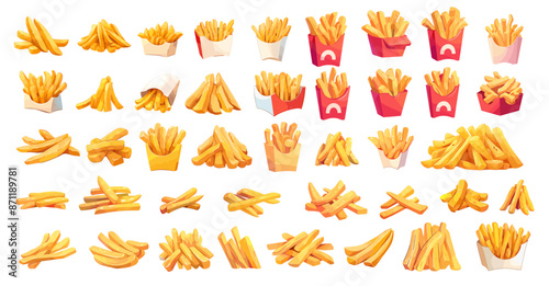 Cartoon french fries set. Fried potato pices pile, fast food in paper box red package vector illustration