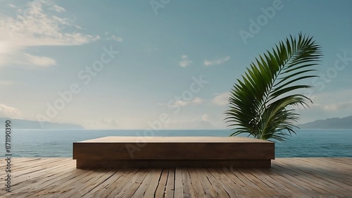 Empty podium for product presentation with palm leaf on seascape created with generative ai © Chaudhry