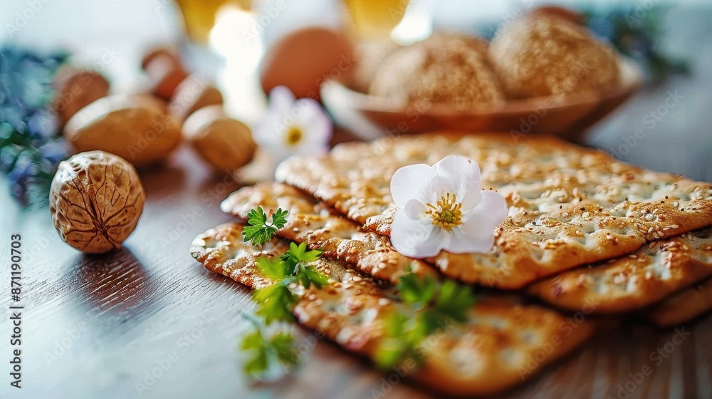 A delightful arrangement of crunchy crackers, adorned with a delicate flower, displayed alongside nuts and eggs on a wooden table, creating an inviting display. A delightful arrangement of crunchy crackers, adorned with a delicate flower, displayed alongside nuts and eggs on a wooden table, creating an inviting display.