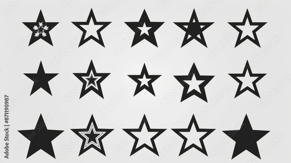 A collection of black and white star graphic symbols and patterns, each depicts various designs, some solid, some outlined, and some featuring unique internal elements. A collection of black and white star graphic symbols and patterns, each depicts various designs, some solid, some outlined, and some featuring unique internal elements.