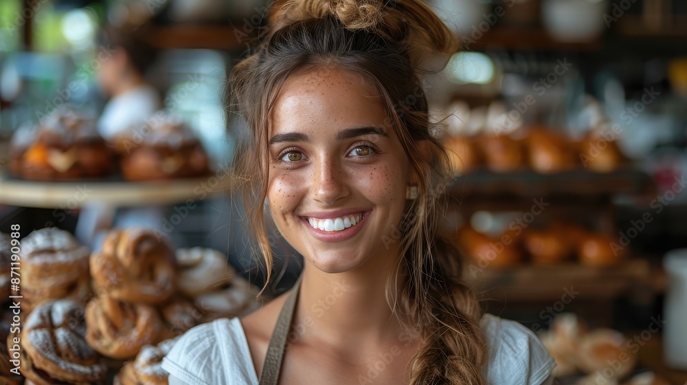 A cheerful woman with a radiant smile stands in a bakery setting surrounded by various types of bread, showcasing her friendly and welcoming demeanor in a busy bakery environment. A cheerful woman with a radiant smile stands in a bakery setting surrounded by various types of bread, showcasing her friendly and welcoming demeanor in a busy bakery environment.