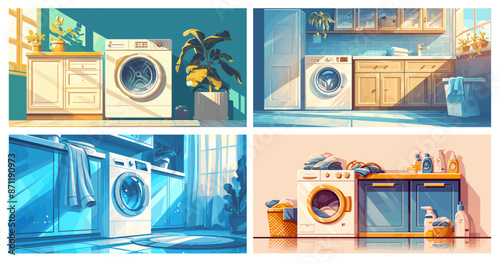 Cartoon laundry room set. Washing dryer machine basket detergents and dirty clothes, home laundromat vector illustration