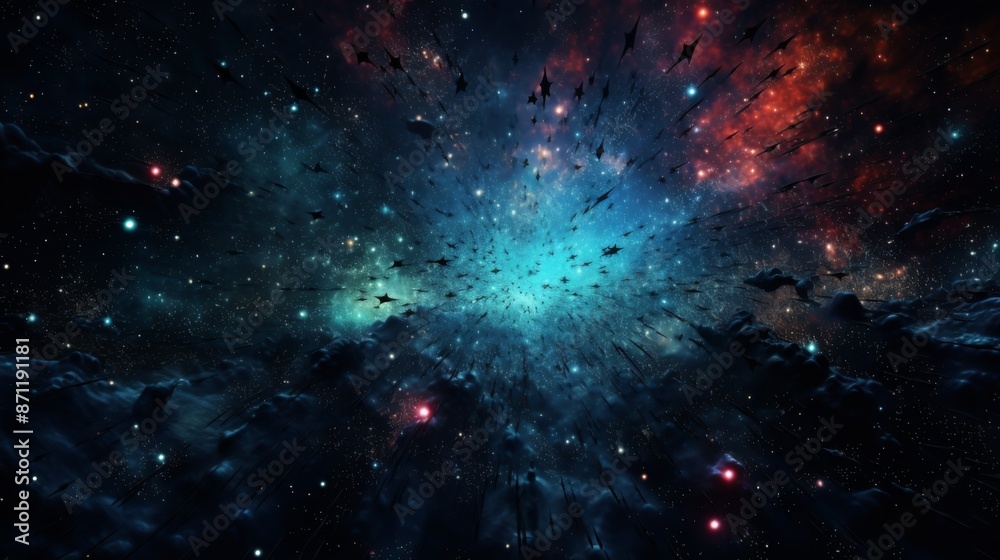 A spectacular cosmic explosion in deep space, emitting colorful particles and illuminated stars, showcasing the raw power and stunning splendor of the universe beyond Earth.