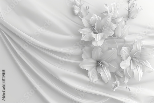 White Floral and Silk Curtains Wedding Invitation Mockup