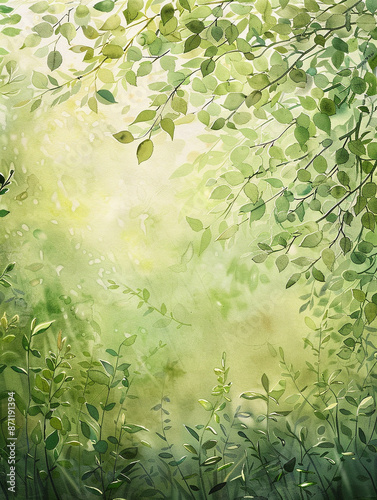 watercolor painting of green leaves background framing a text space