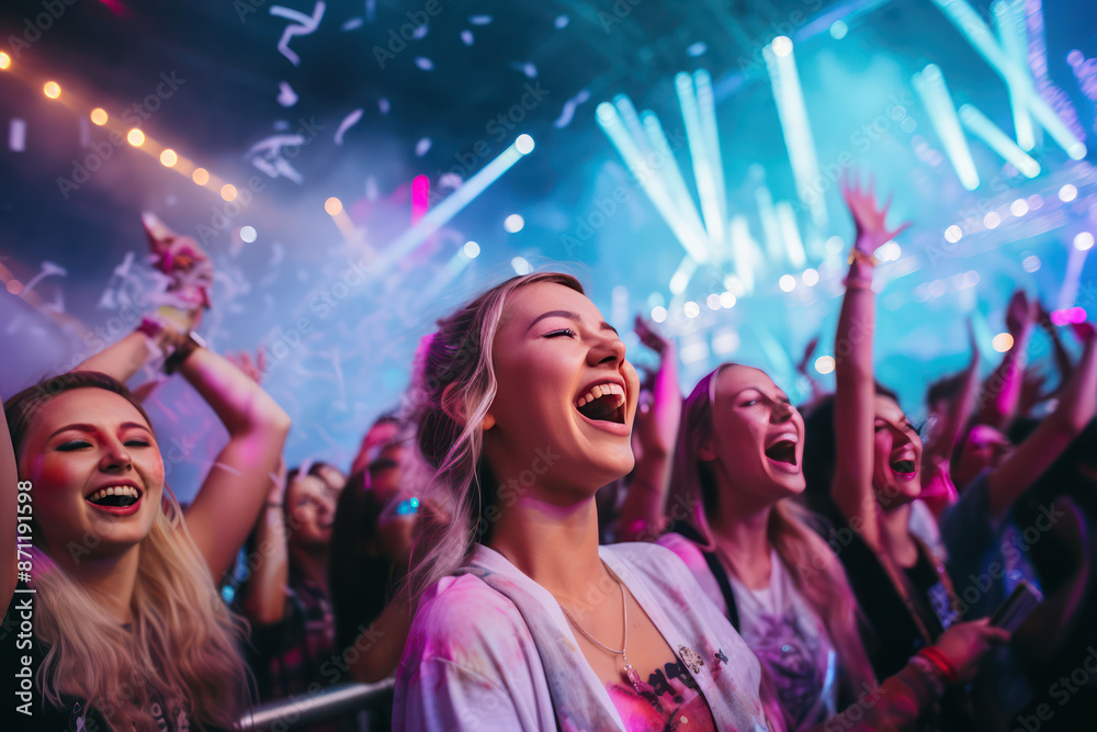 happy and excited audiences are dancing in the concert in music festival the stadium with their favorite bands and singer world tour happy and excited audiences are dancing in the concert in music festival the stadium with their favorite bands and singer world tour