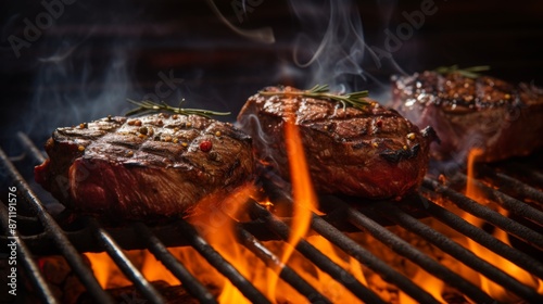 Three mouthwatering steaks sizzling on a flaming barbecue grill, embodying the joy of outdoor cooking and the rich flavors of grilled meat. photo