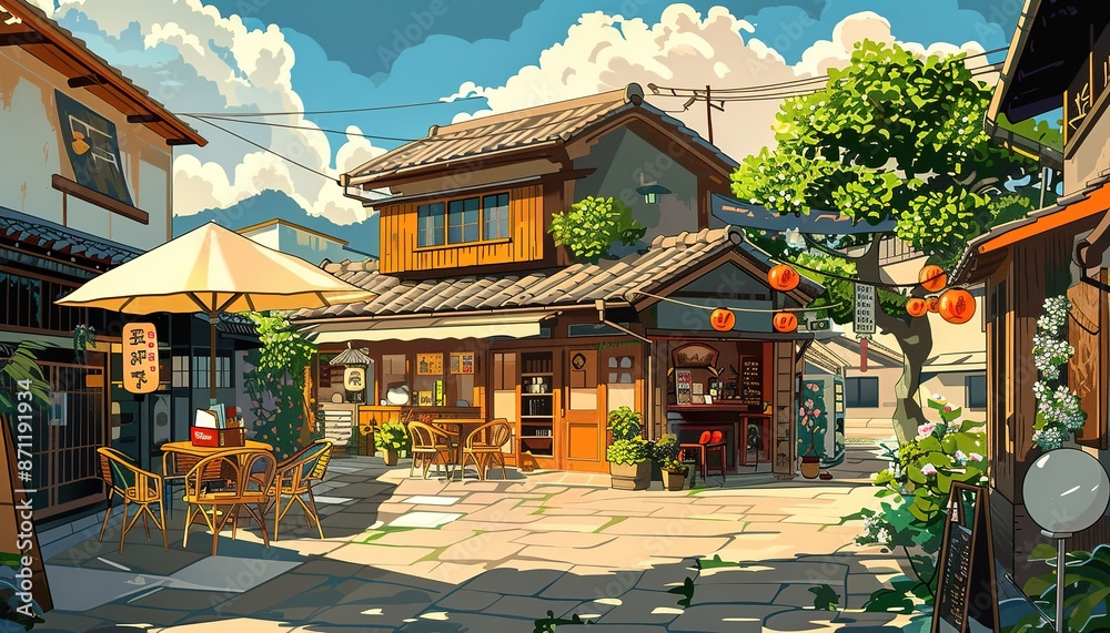 Obraz premium landscape Cafe Scene in Japan, cartoon