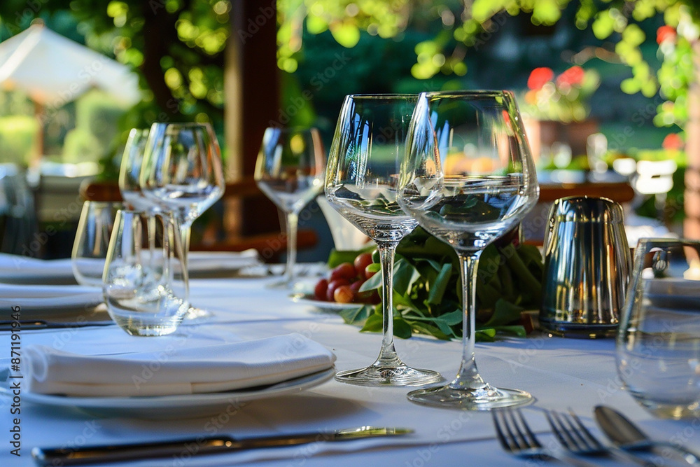 Elegantly set dining table with crystal wine glasses and white linens, surrounded by lush greenery, ideal for an outdoor meal. Elegantly set dining table with crystal wine glasses and white linens, surrounded by lush greenery, ideal for an outdoor meal.