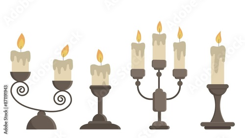 Candles in candlesticks. Moving banner with ancient burning candles. Old style decor elements for home. Candelabrum with wax. Meieval castle or tower interior. Cartoon animated graphics photo