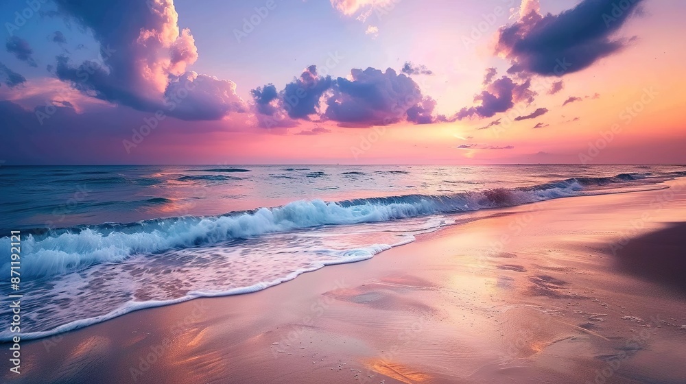 Tranquil Sunset Beach: Calm Waves, Colorful Sky Tranquil Sunset Beach: Calm Waves, Colorful Sky