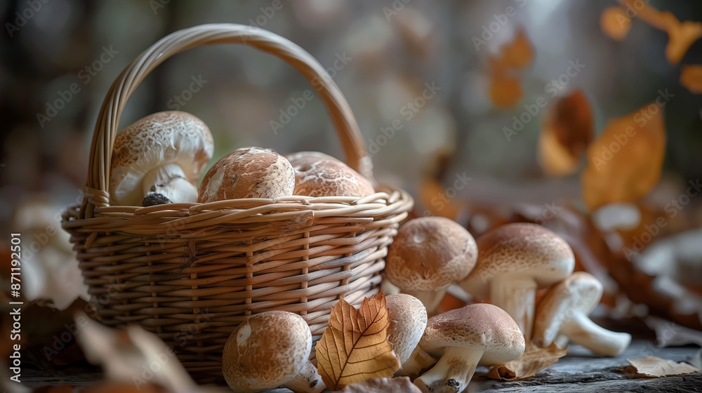 A basket filled with porcini mushrooms sits among fallen autumn leaves. The warm tones of the mushrooms and leaves create a beautiful natural scene. A basket filled with porcini mushrooms sits among fallen autumn leaves. The warm tones of the mushrooms and leaves create a beautiful natural scene.