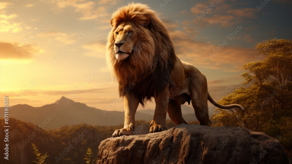 Obraz premium An imposing lion surveys its kingdom from atop a rocky ledge at sunset, epitomizing strength and majesty against a backdrop of a golden sky and vast wilderness.
