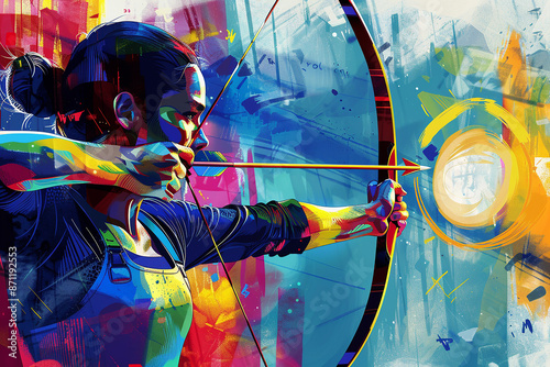 A vibrant artwork of a woman drawing a bow and arrow, symbolizing focus, determination, and strength with a colorful abstract background.