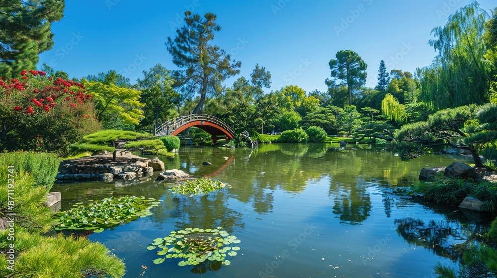 Serene Japanese Garden Oasis with Tranquil Pond and Arched Bridge Serene Japanese Garden Oasis with Tranquil Pond and Arched Bridge