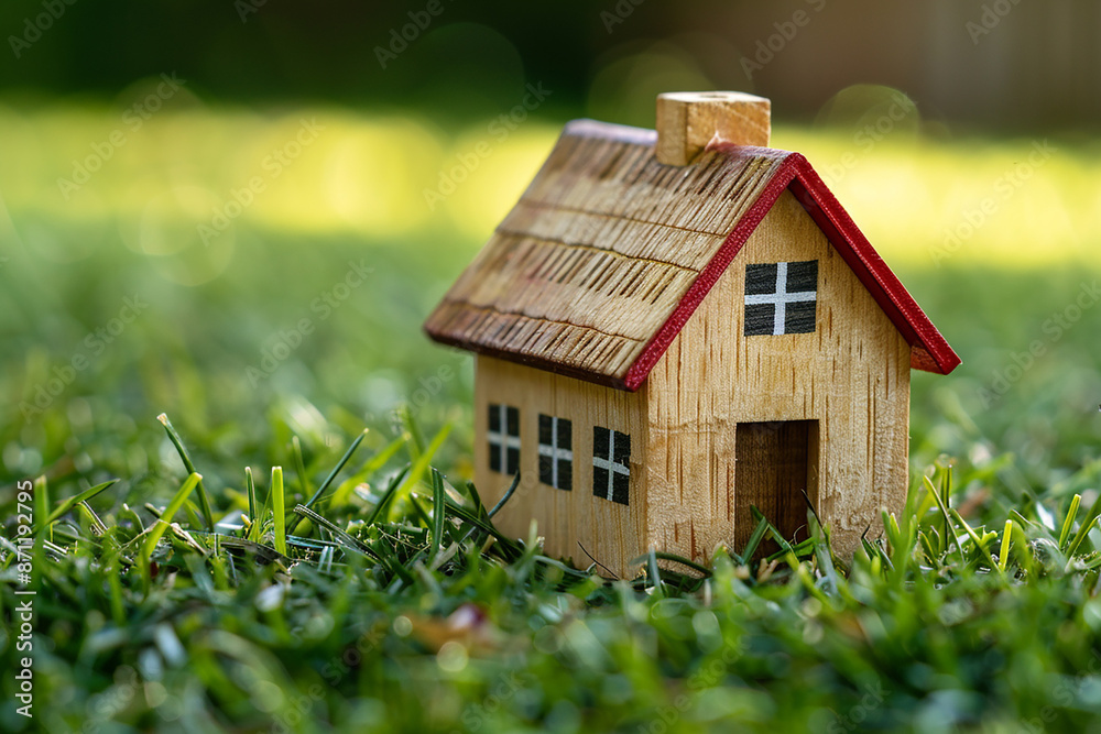 A small wooden house model on green grass, symbolizing home ownership, real estate, and the concept of owning a property. A small wooden house model on green grass, symbolizing home ownership, real estate, and the concept of owning a property.