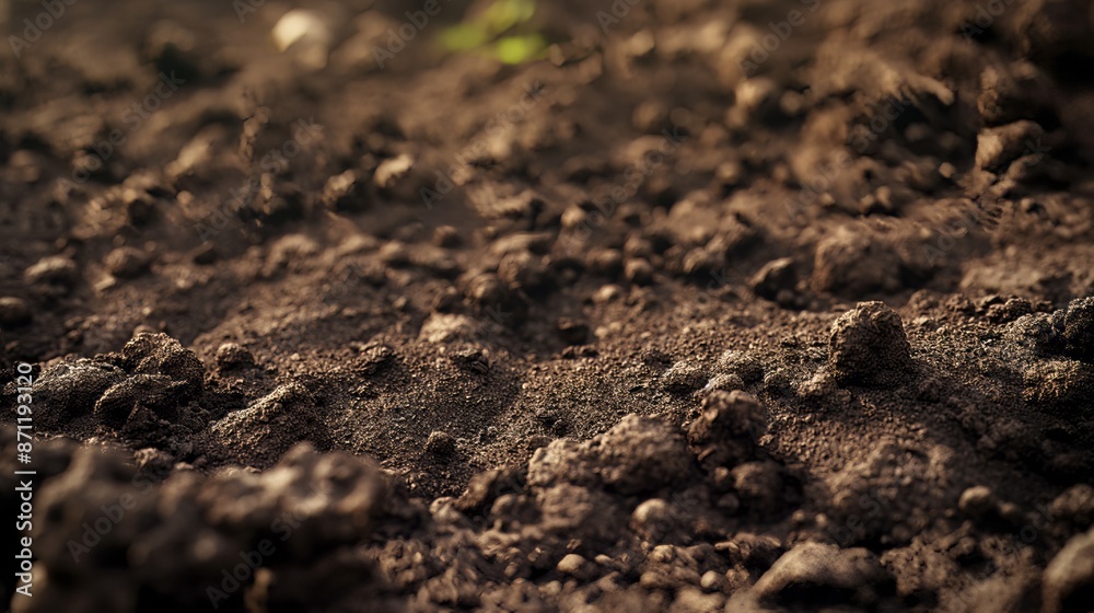 A close-up photograph of dark, earthy soil, lit by the warm rays of the sun. The texture of the soil is visible in detail, showing a rough, uneven surface. A close-up photograph of dark, earthy soil, lit by the warm rays of the sun. The texture of the soil is visible in detail, showing a rough, uneven surface.