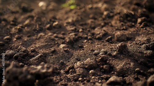 A close-up photograph of dark, earthy soil, lit by the warm rays of the sun. The texture of the soil is visible in detail, showing a rough, uneven surface.