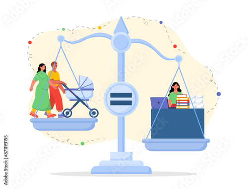 Career or family. Woman with stroller and businesswoman with documents on scales. Comparing entrepreneurship with motherhood. Girl with life balance. Flat vector illustration