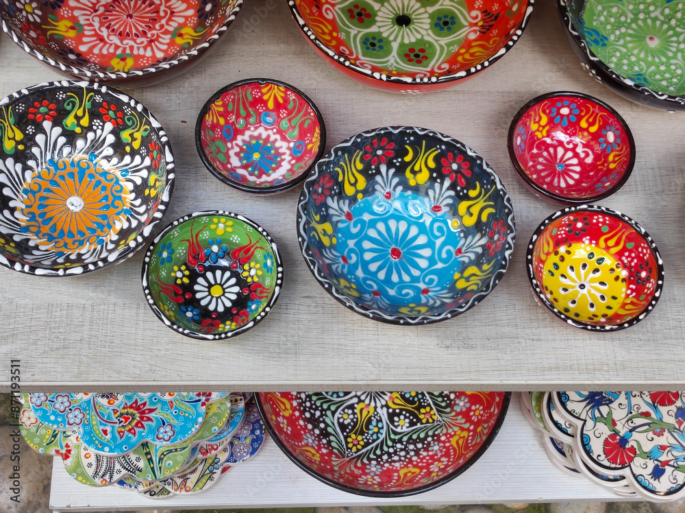 Handmade and decorated porcelain bowls and plates from the city of Mostar in Bosnia and Herzegovina in the Balkans Handmade and decorated porcelain bowls and plates from the city of Mostar in Bosnia and Herzegovina in the Balkans