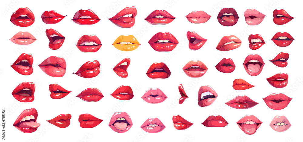Cartoon red lips set. Woman cute lip open mouth sexy smiling kiss expressions sticking tongue, facial gestures vector illustration