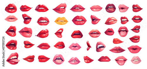 Cartoon red lips set. Woman cute lip open mouth sexy smiling kiss expressions sticking tongue, facial gestures vector illustration