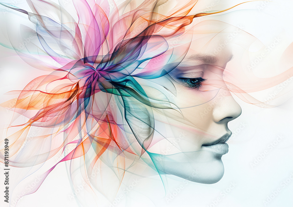double exposure of a woman's portrait that dissolves into floral, translucent, filigree large petals double exposure of a woman's portrait that dissolves into floral, translucent, filigree large petals