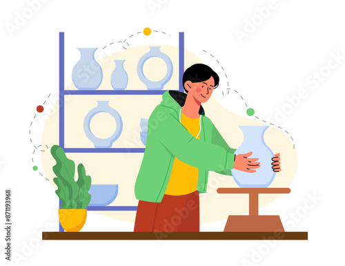 Man with ceramic potter. Man in studio and workshop with vase. Creativity and art. Ceramist with handmade and handicraft dishware. Flat vector illustration