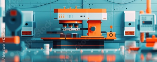 Modern industrial machine in a bright factory setting with sleek orange and blue design elements, showcasing advanced manufacturing technology. © HDP-STUDIO