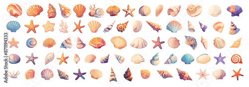Cartoon sea shell set. Ocean marine tropical seashell for aquarium, starfish mollusks oyster clam vector illustration