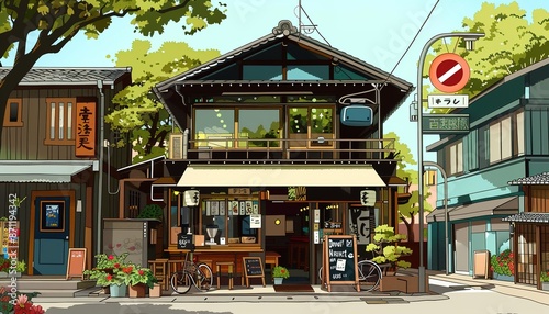 landscape japan Streetside Cafe, cartoon