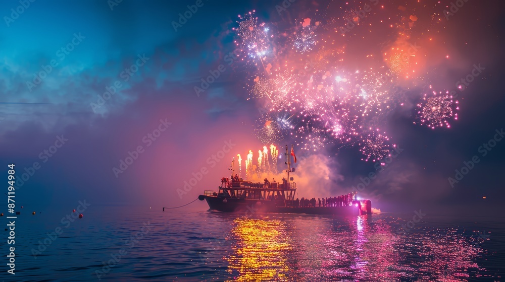 A fireworks barge anchored offshore, launching volleys of pyrotechnics into the air A fireworks barge anchored offshore, launching volleys of pyrotechnics into the air