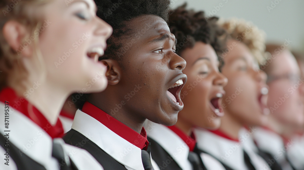 choir members singing in unison, their faces reflecting emotion and dedication choir members singing in unison, their faces reflecting emotion and dedication