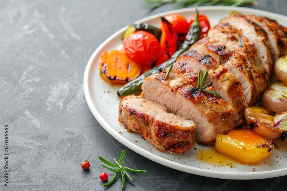 Grilled pork tenderloin with vegetables on white plate Grilled pork tenderloin with vegetables on white plate