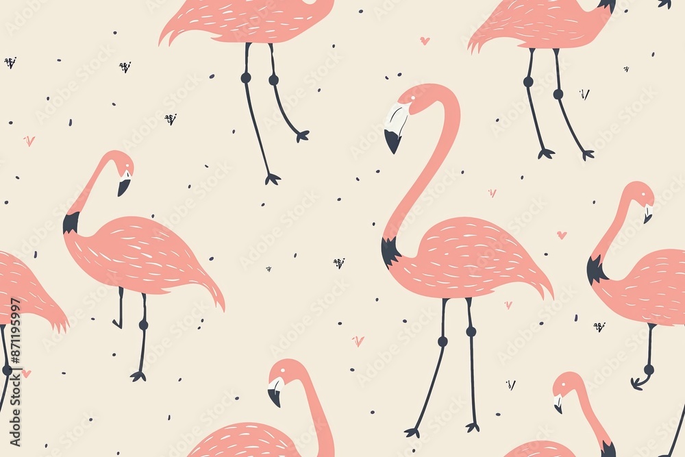 Obraz premium Simple Pink Flamingo Pattern With Black Legs and Hearts on a Cream Background