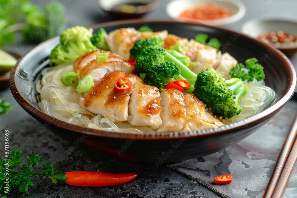 Healthy Thai dish with rice noodles chicken broccoli in gravy sauce low calorie diet option Healthy Thai dish with rice noodles chicken broccoli in gravy sauce low calorie diet option