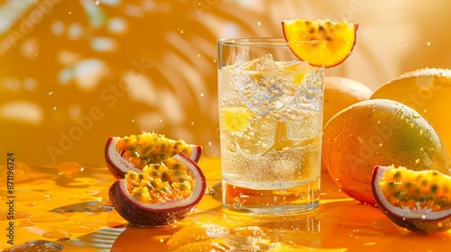 A glass of sparkling water with frozen slices of mango and passion fruit