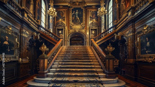 A grand staircase leading to a throne room adorned with portraits of monarchs