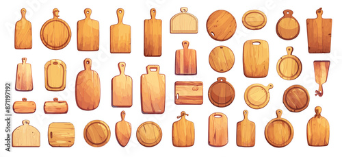 Cartoon wooden kitchen board set. Round and rectangular cutting wood boards top view vector illustration