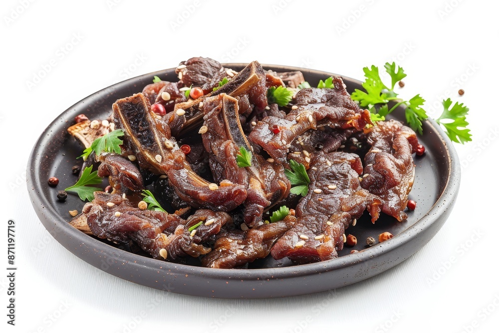 Fototapeta premium Hearty snack of pickled pork ears seasoned with pepper and coriander on white plate