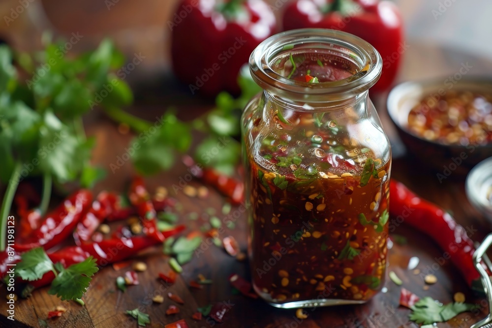 Homemade Chili sauce with fresh herbs and spices Homemade Chili sauce with fresh herbs and spices