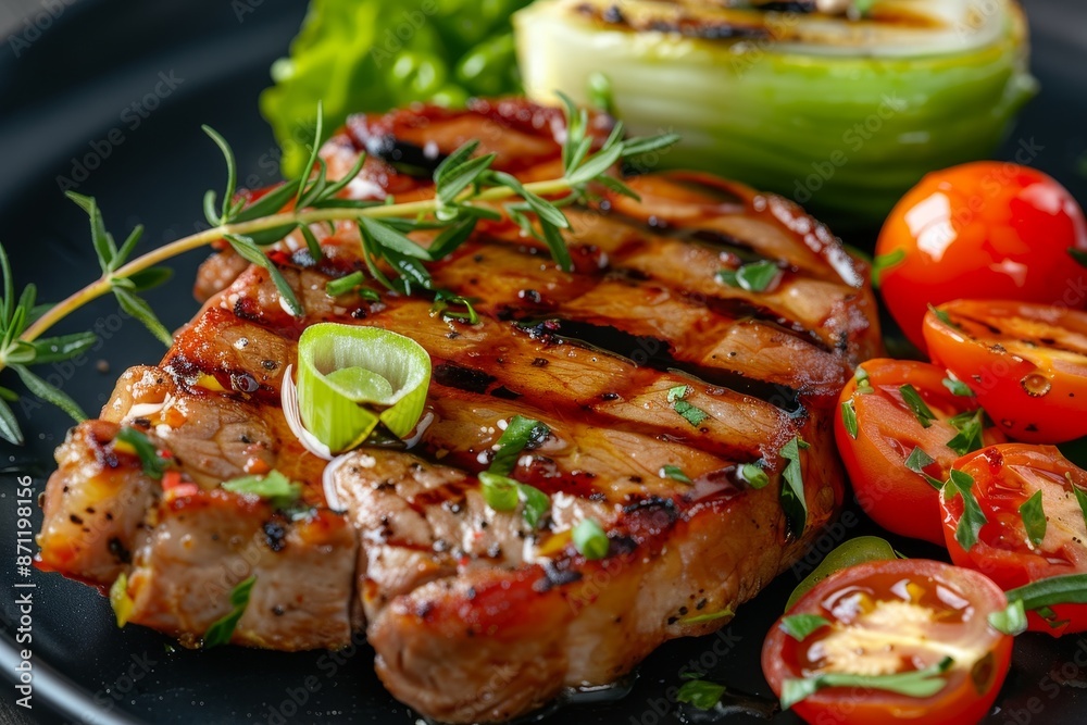 Homemade grilled pork steak with vegetables Symbolic image of a hearty meal Close up shot Homemade grilled pork steak with vegetables Symbolic image of a hearty meal Close up shot