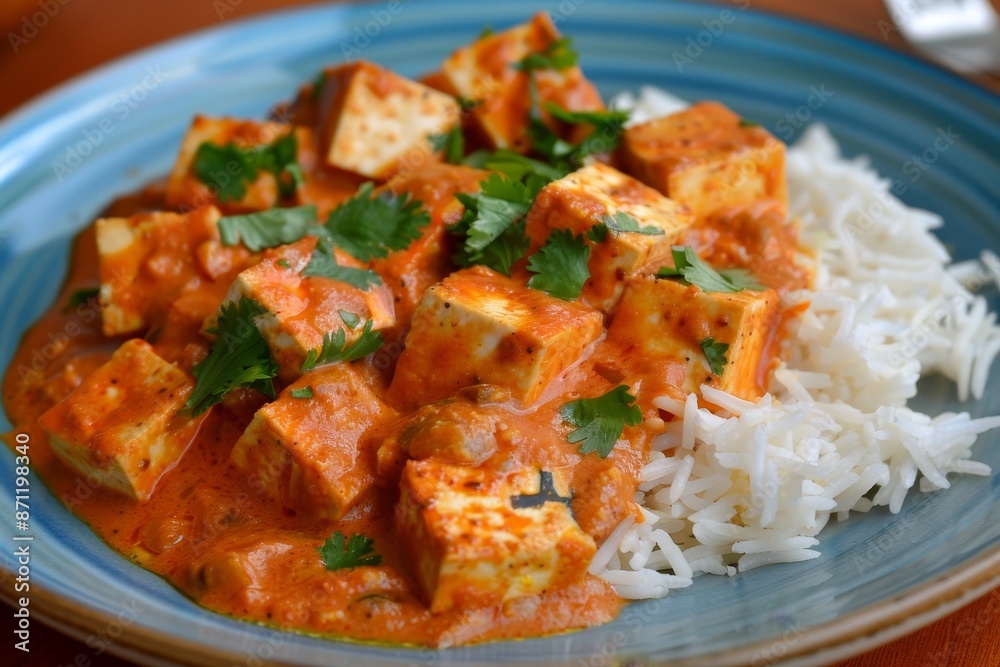 Homemade tofu tikka masala with basmati rice