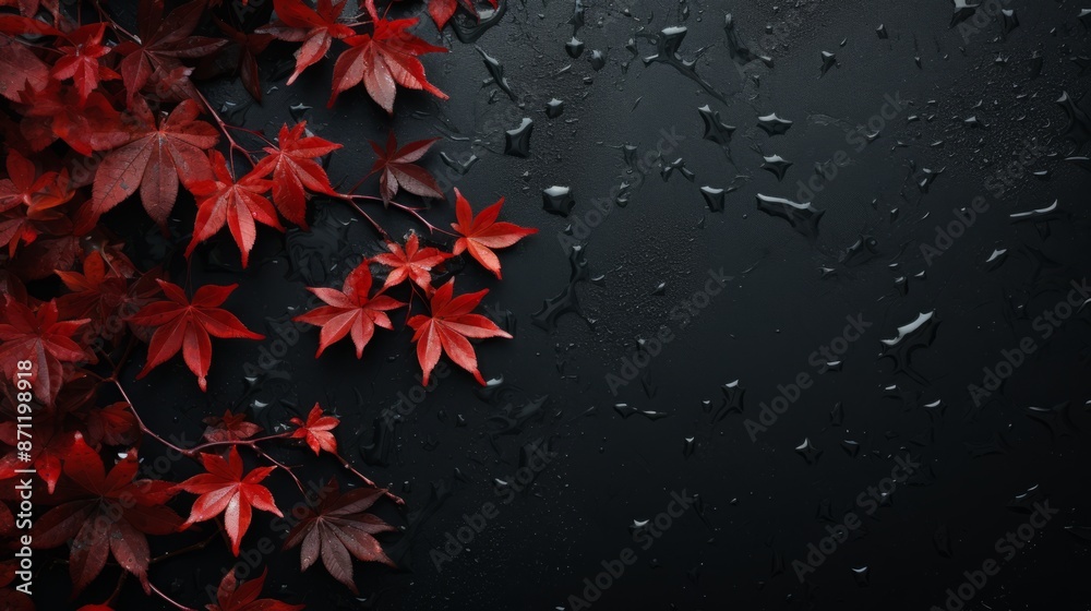 red leaves on black wet background. Top view with copy space red leaves on black wet background. Top view with copy space